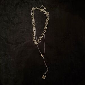 Silver Double Layer Chain Necklace with Lock Pendant